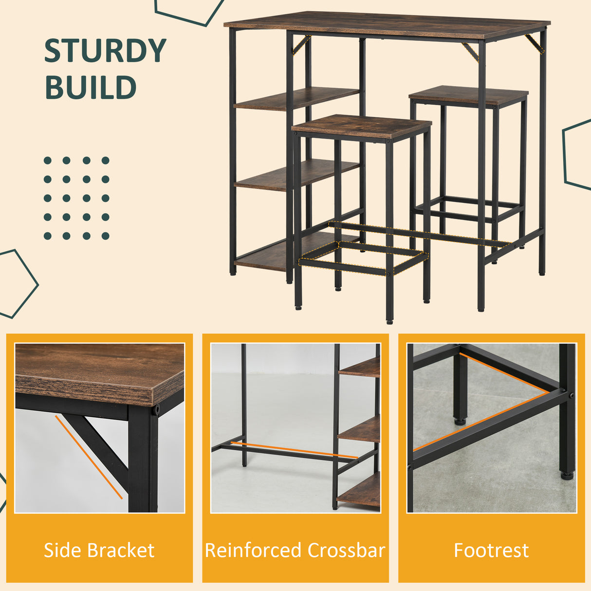 Wooden Bar Table 91cm Wide Rectangular With 2 Stools - Velmora