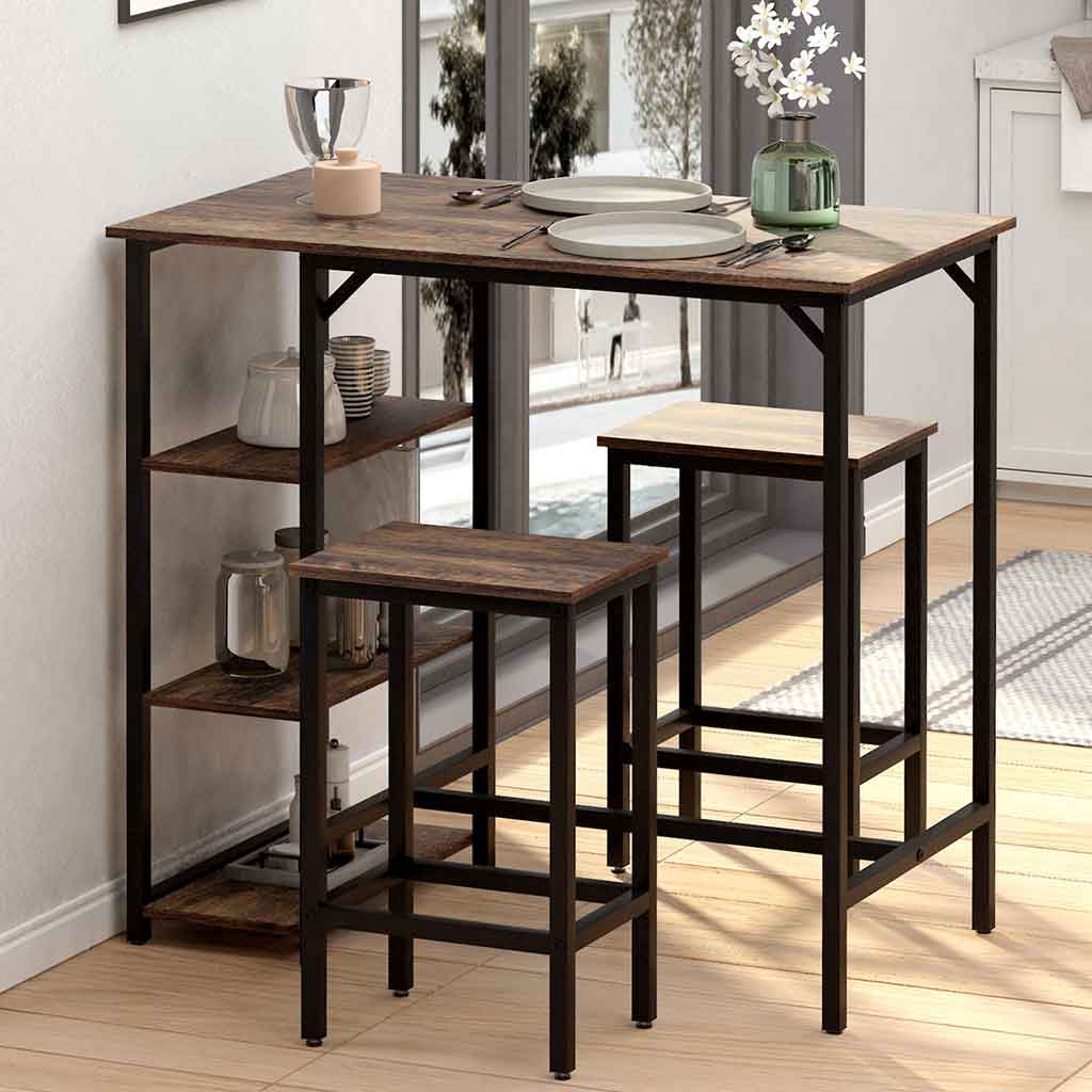 Wooden Bar Table 91cm Wide Rectangular With 2 Stools - Velmora