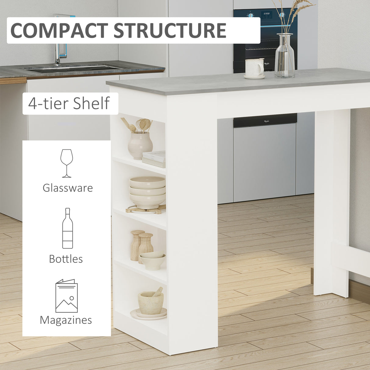 Wooden Bar Table Rectangular With 4 Tier Storage Shelf for Breakfast - Velmora