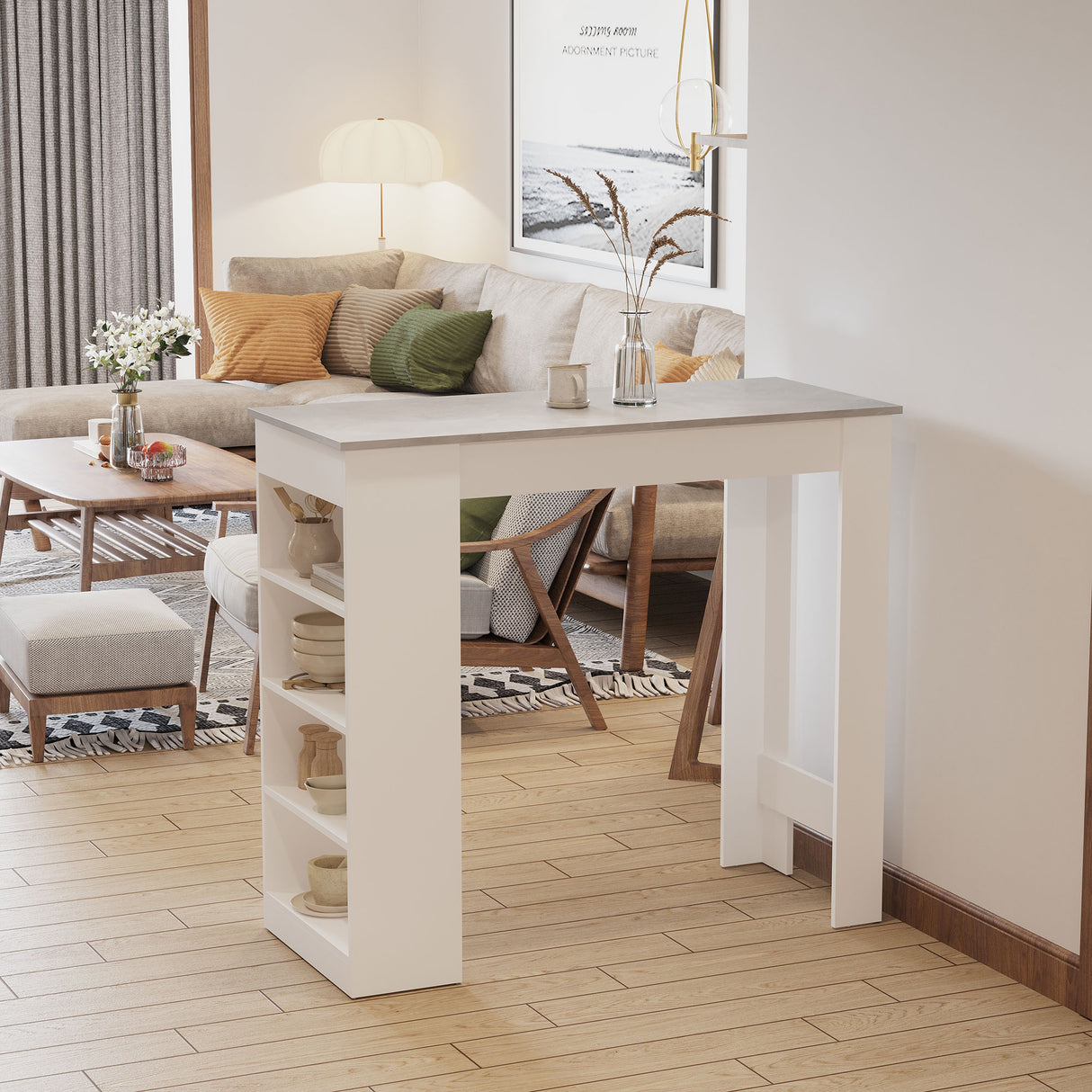 Wooden Bar Table Rectangular With 4 Tier Storage Shelf for Breakfast - Velmora