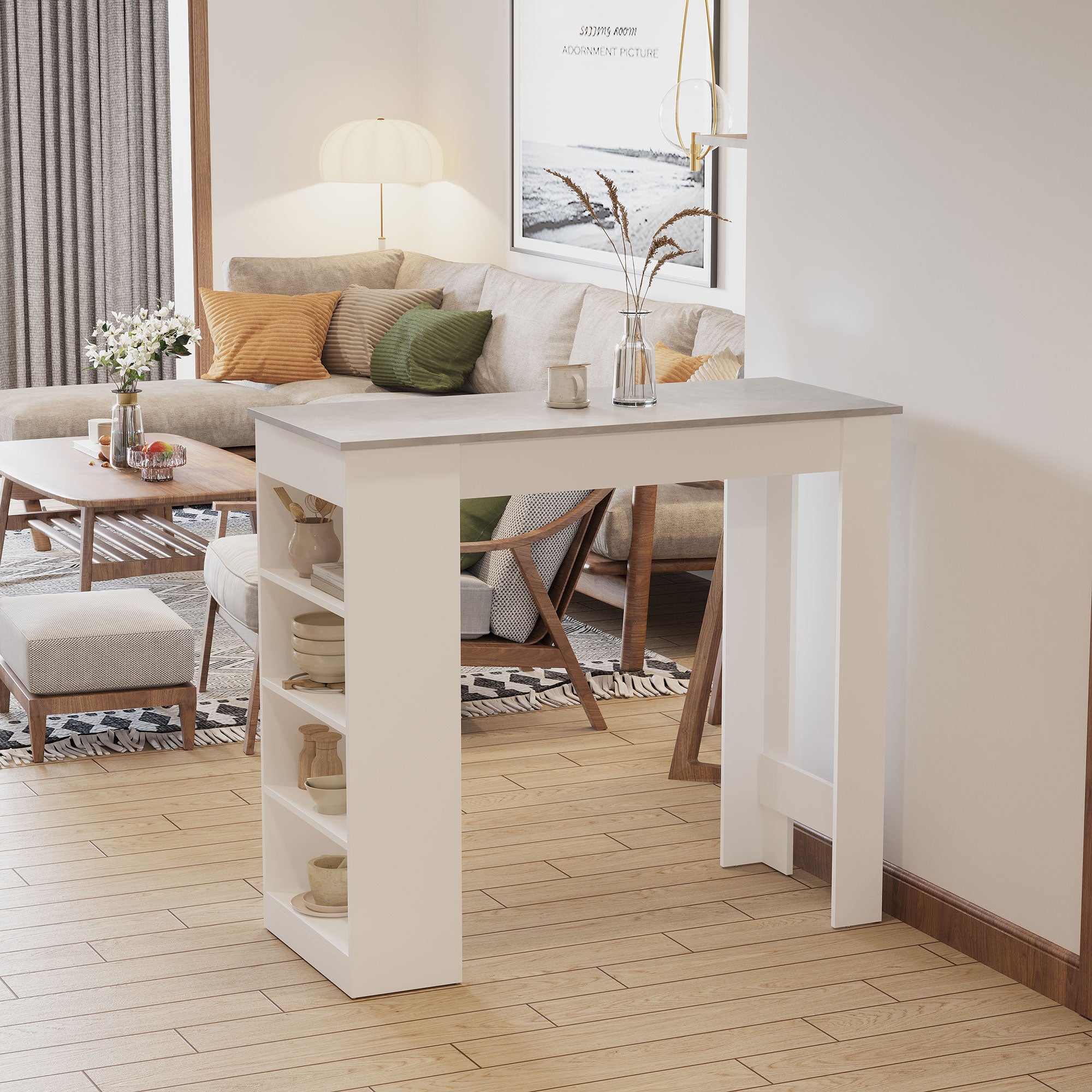 Wooden Bar Table Rectangular With 4 Tier Storage Shelf for Breakfast - Velmora