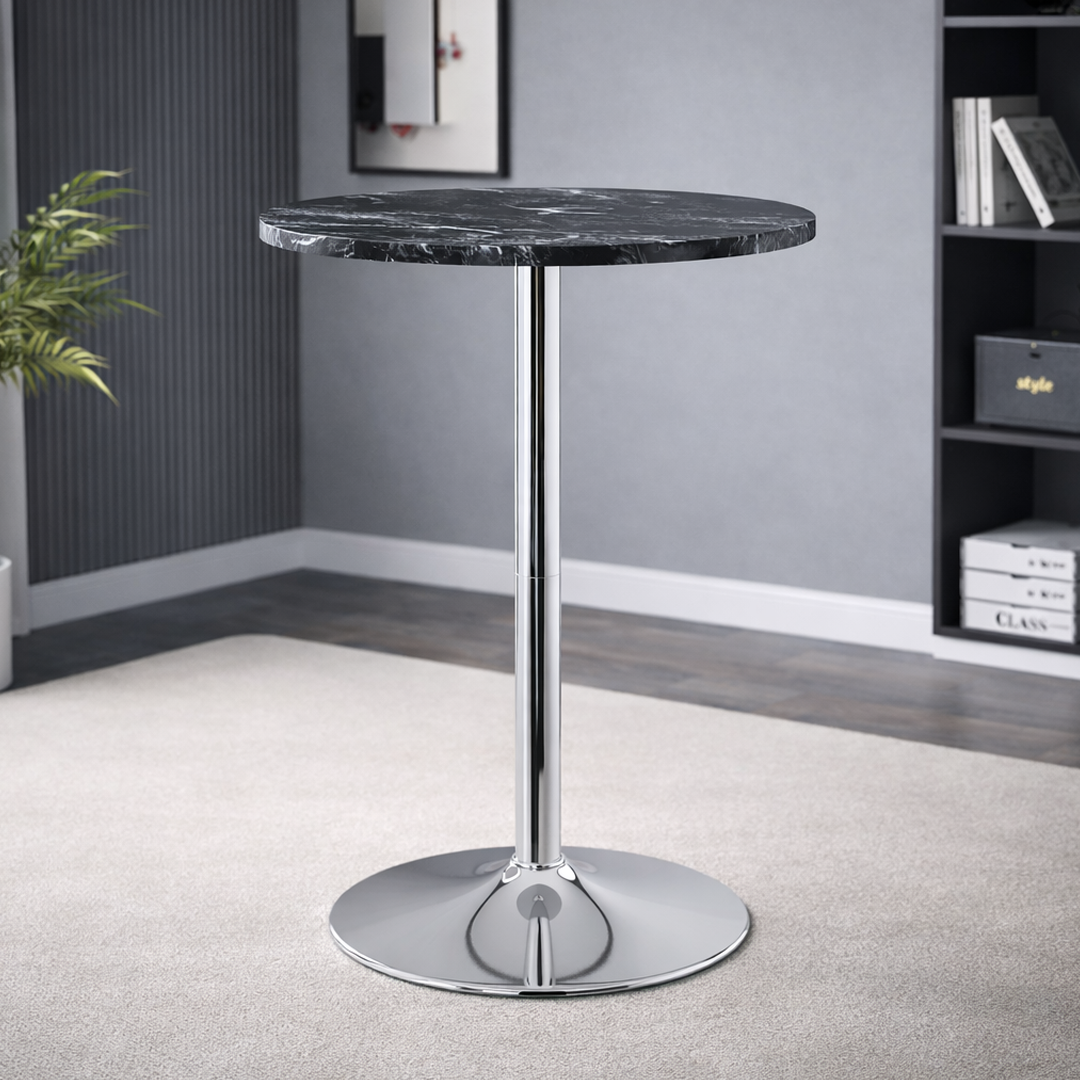 Wooden Bar Table Round in Marble Effect 106cm High With Chrome Base - Carrow
