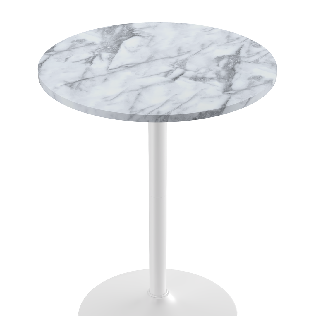 Wooden Bar Table Round in Marble Effect 106cm High With White Base - Carrow