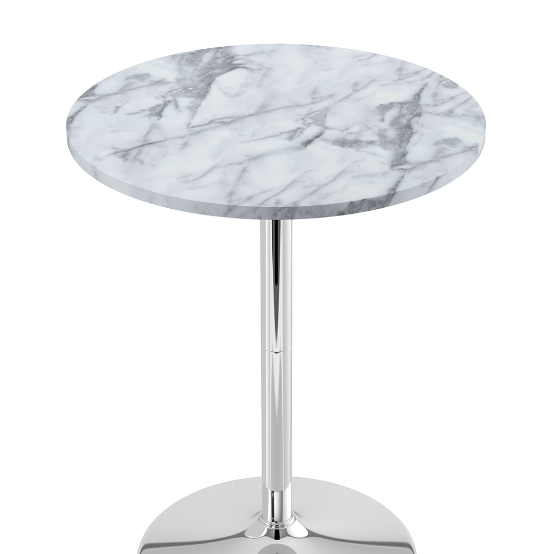 Wooden Bar Table Round in Marble Effect 96cm High With Chrome Base - Carrow
