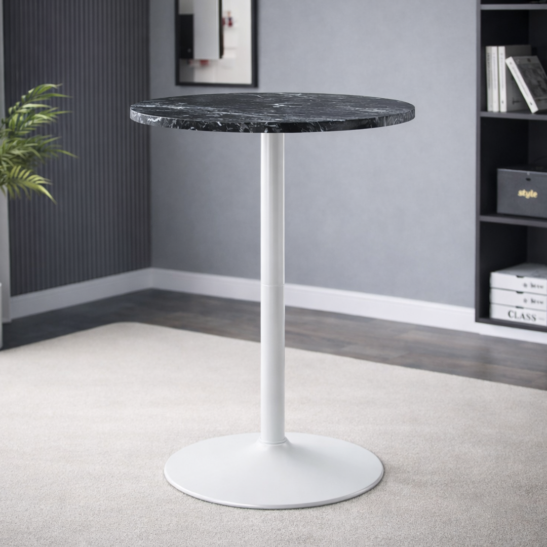 Wooden Bar Table Round in Marble Effect 96cm High With White Base - Carrow