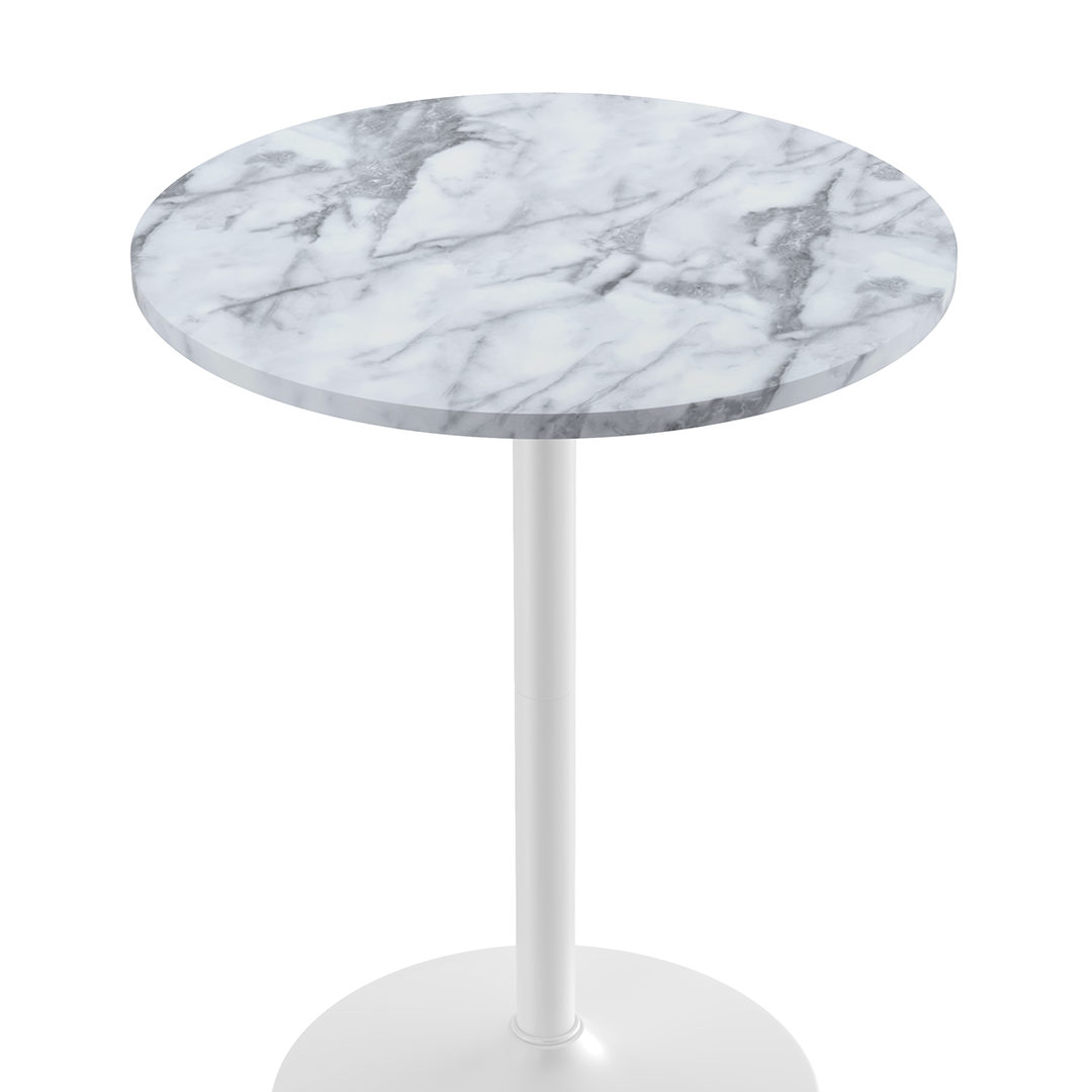 Wooden Bar Table Round in Marble Effect 96cm High With White Base - Carrow