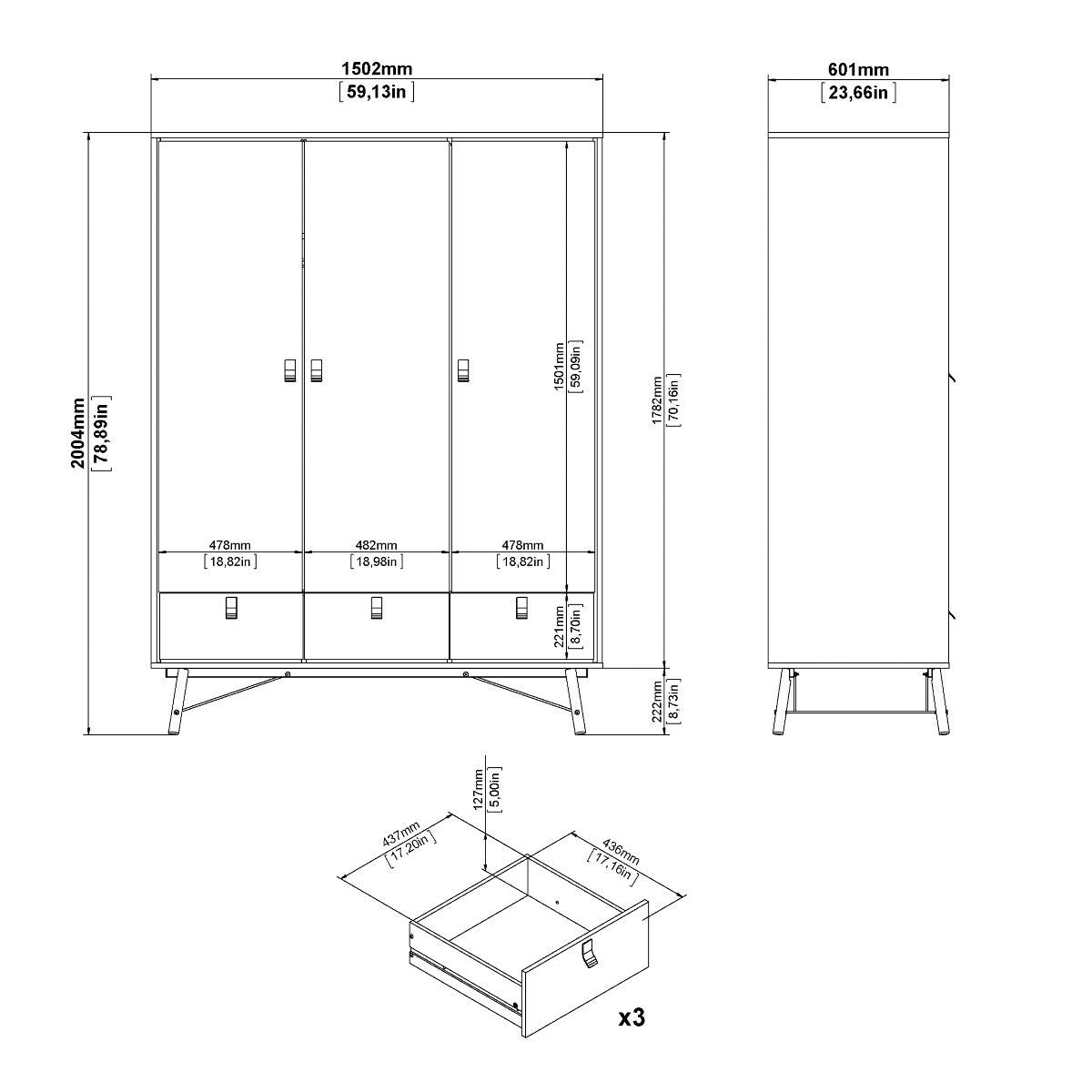 Wooden Bedroom Furniture Set With 3 Doors Wardrobe - Ry