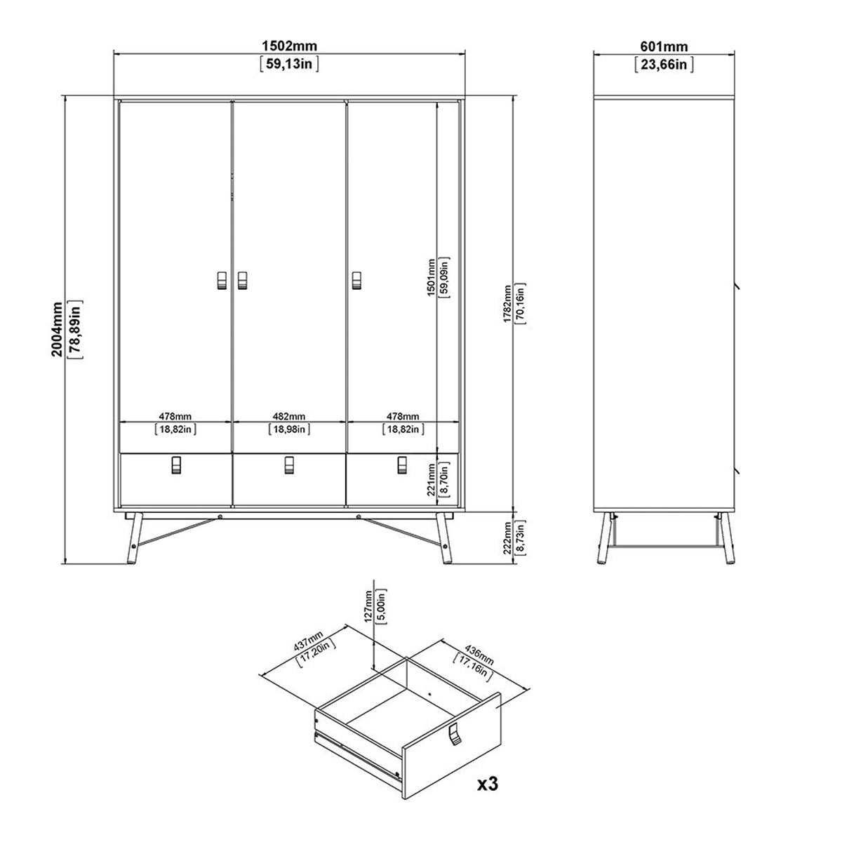 Wooden Bedroom Furniture Set With 3 Doors Wardrobe - Ry