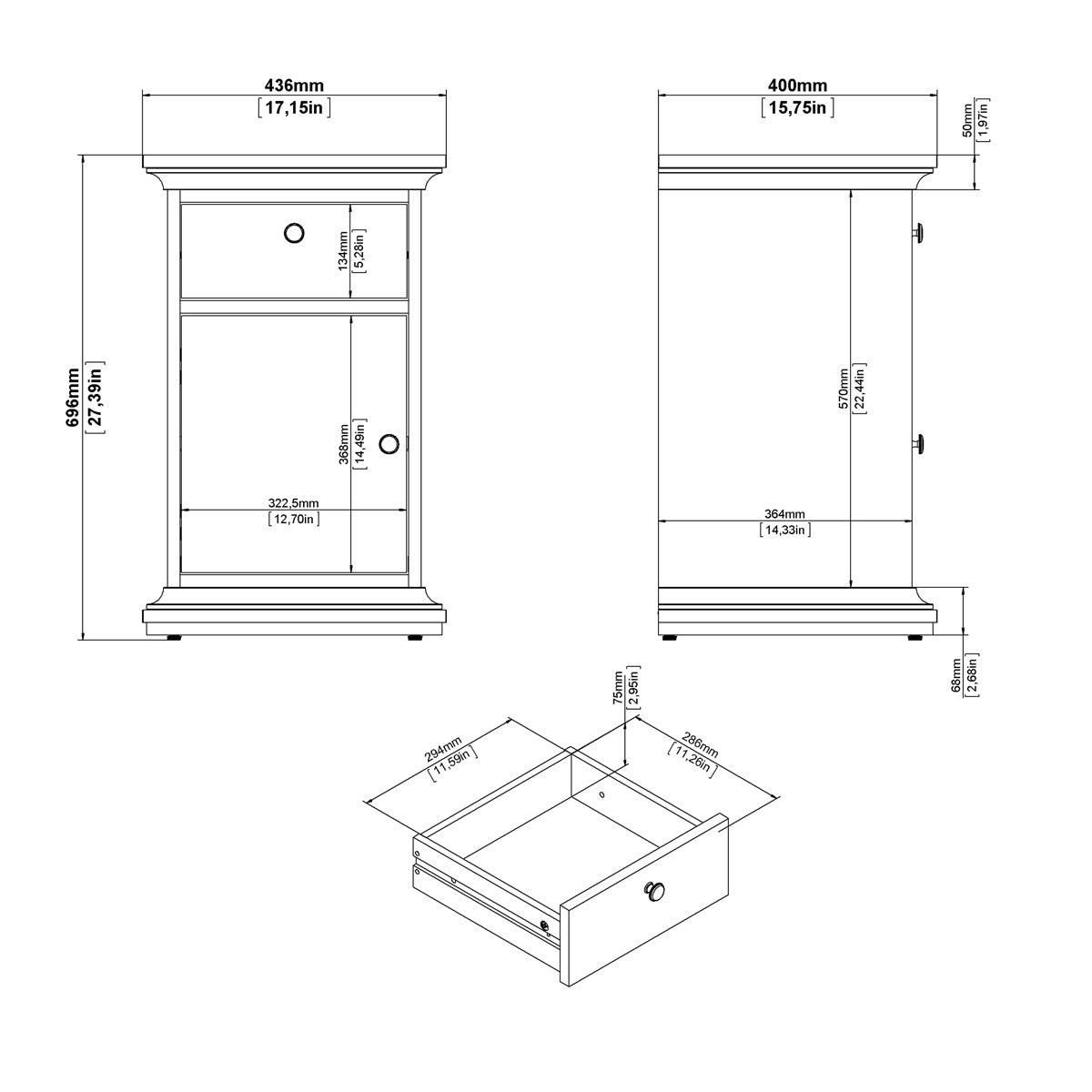 Wooden Bedside cabinet With 1 Door And 1 Drawer - Paris
