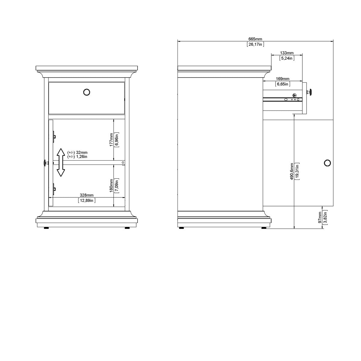 Wooden Bedside cabinet With 1 Door And 1 Drawer - Paris