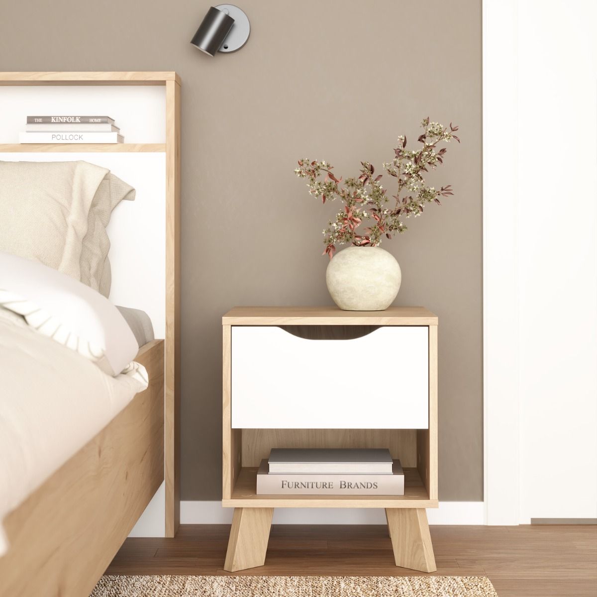 Wooden Bedside Cabinet With 1 White Front Drawer - Ikast