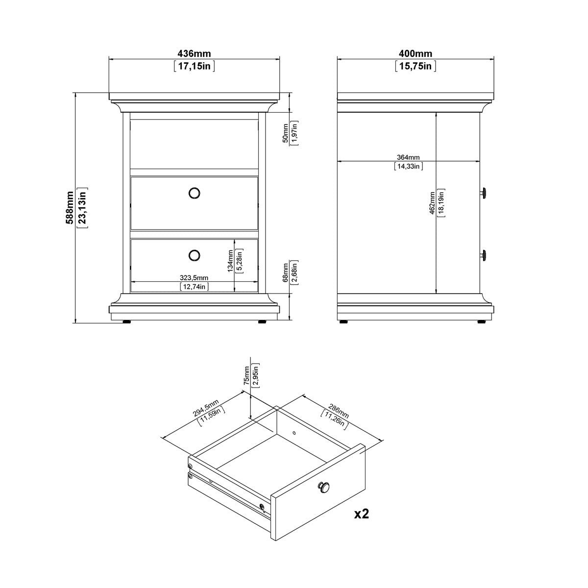 Wooden Bedside Cabinet With 2 Drawers - Paris