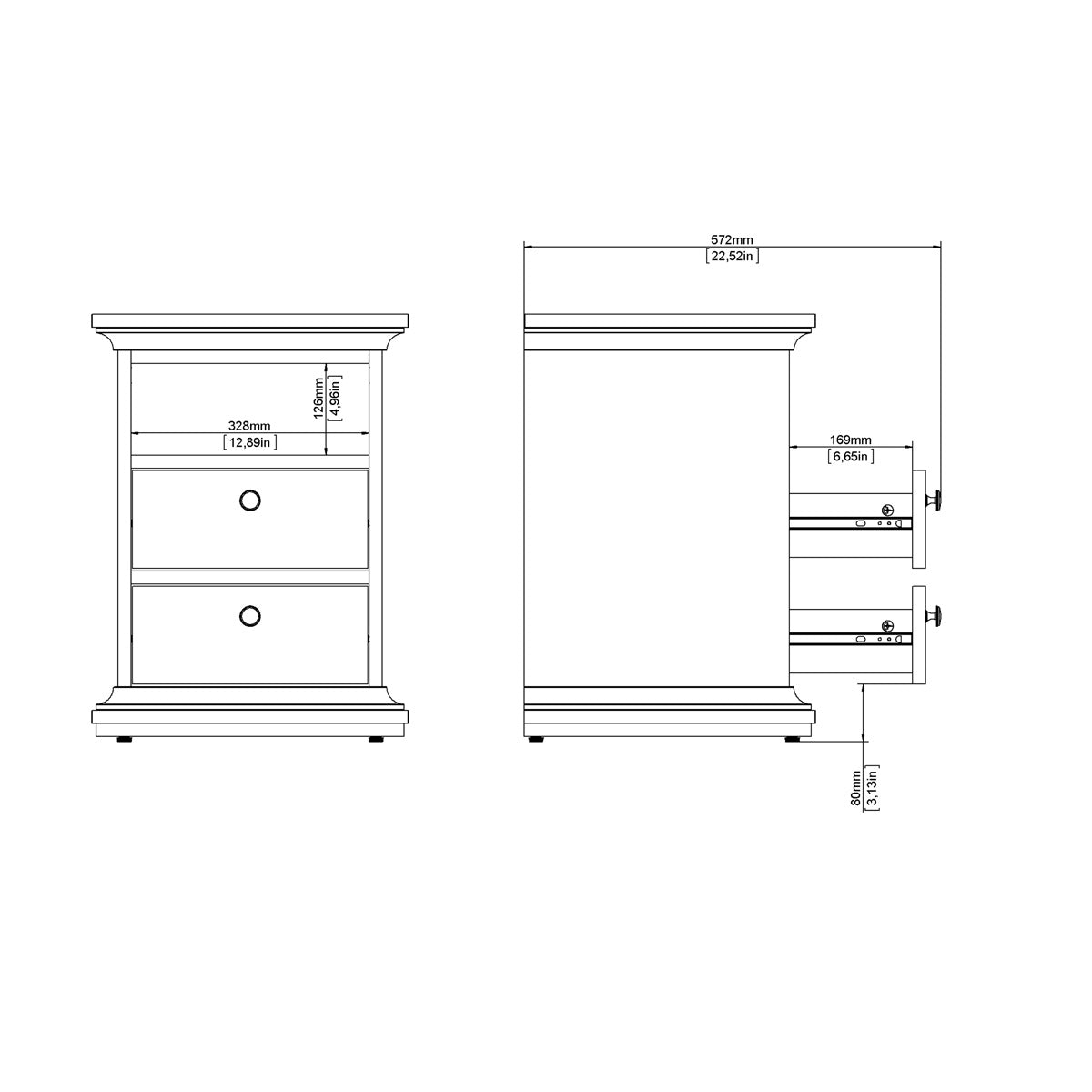 Wooden Bedside Cabinet With 2 Drawers - Paris