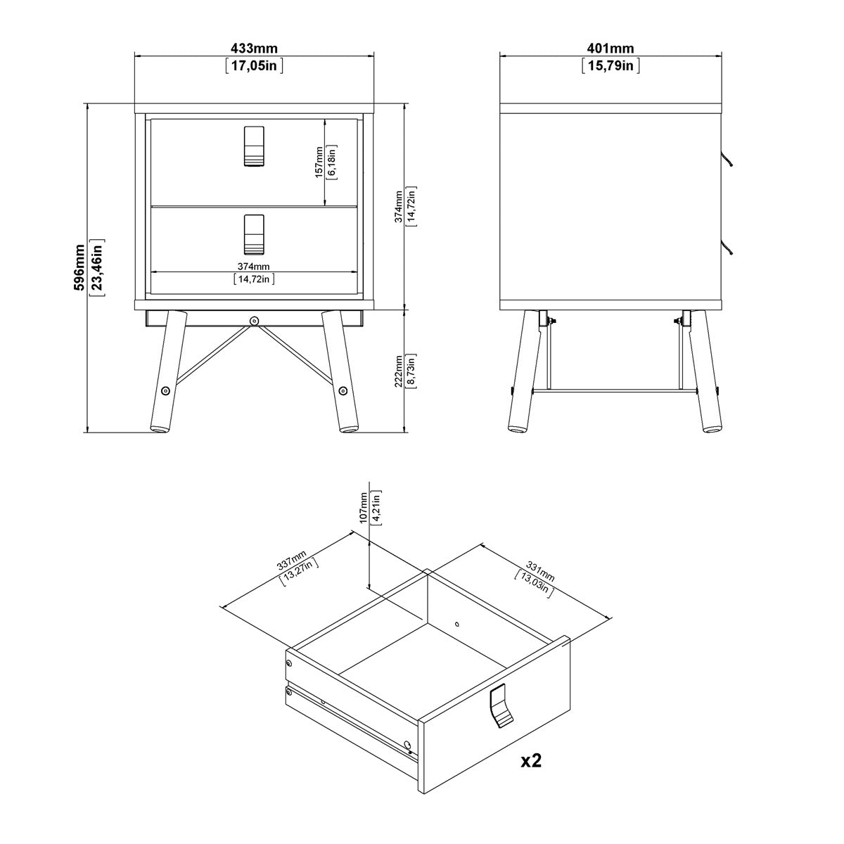 Wooden Bedside Cabinet With 2 Drawers - Ry