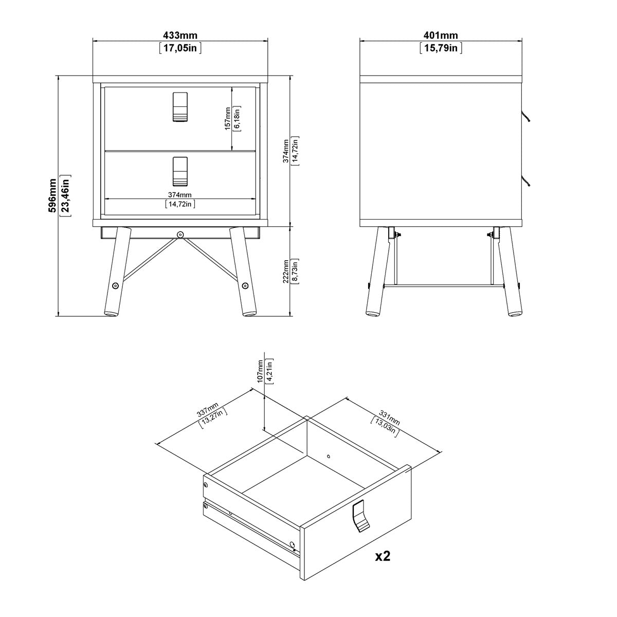 Wooden Bedside Cabinet With 2 Drawers - Ry
