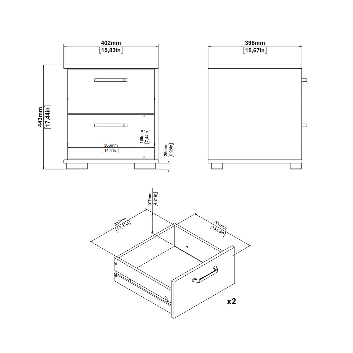 Wooden Bedside Cabinet With 2 Drawers - Sofia