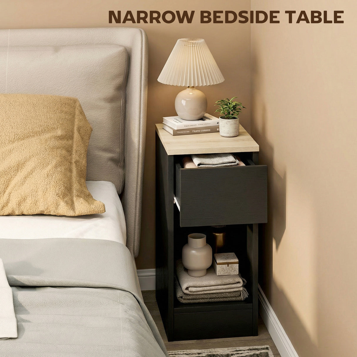 Wooden Bedside Cabinet 20cm Wide With 2 Drawers - Velmora
