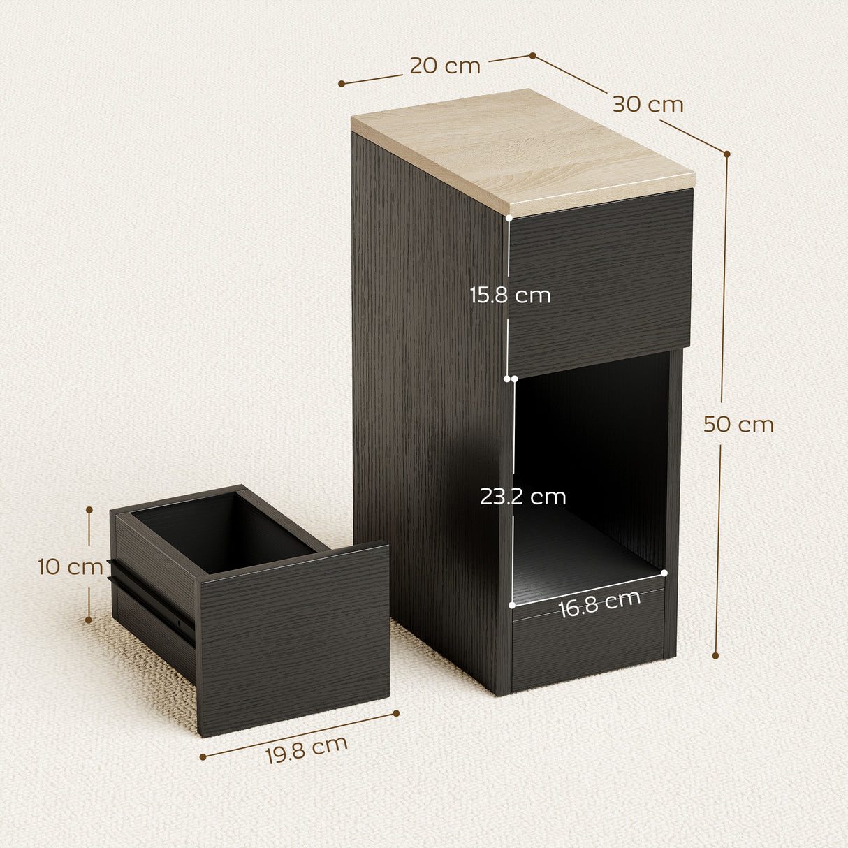 Wooden Bedside Cabinet 20cm Wide With 2 Drawers - Velmora