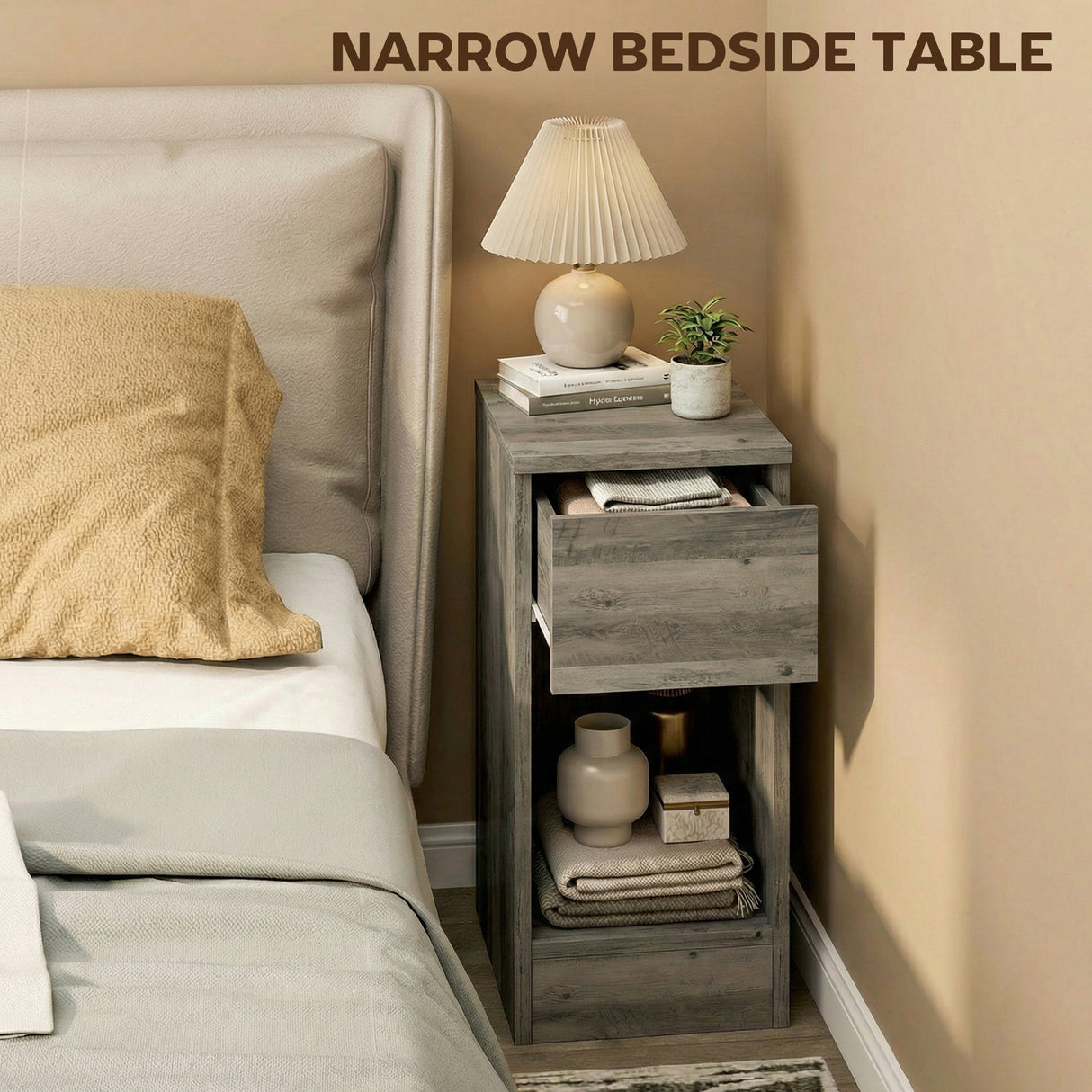 Wooden Bedside Cabinet 20cm Wide With 2 Drawers - Velmora