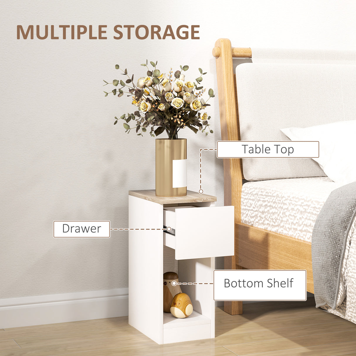 Wooden Bedside Cabinet 20cm Wide With 2 Drawers - Velmora
