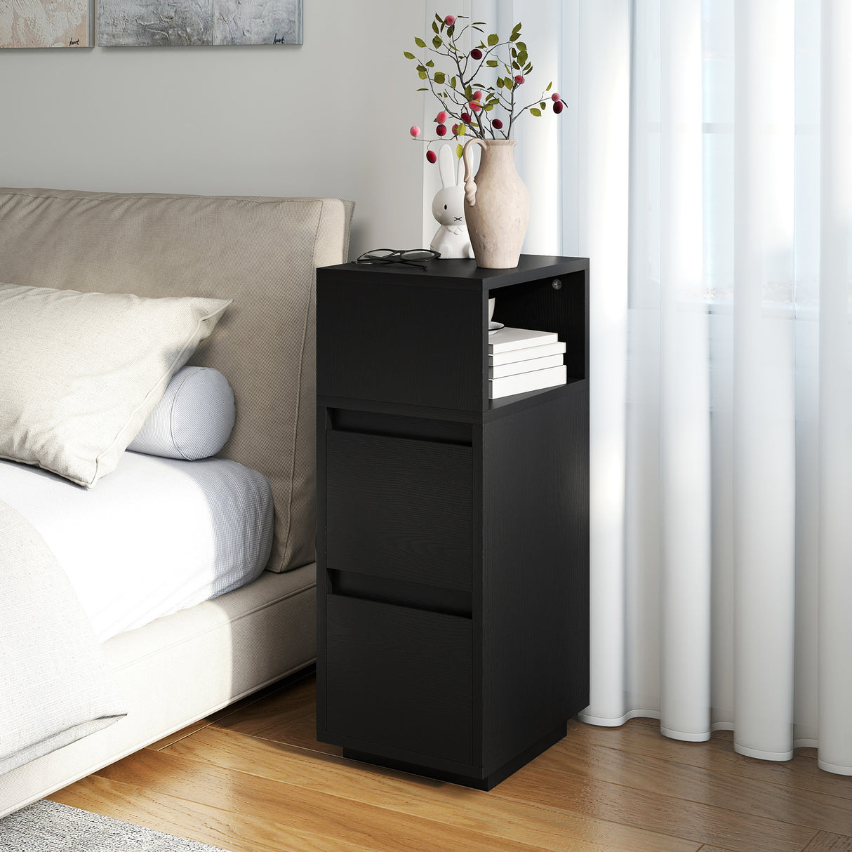 Wooden Bedside Cabinet 25cm Wide With 2 Drawers - Velmora