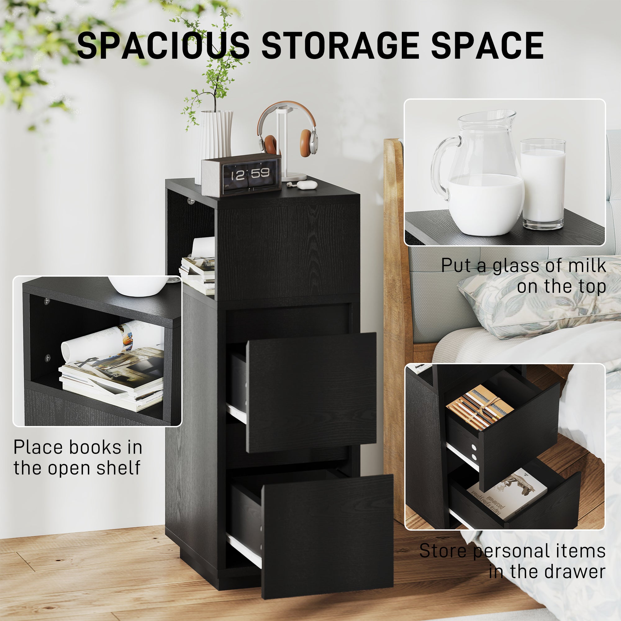 Wooden Bedside Cabinet 25cm Wide With 2 Drawers - Velmora