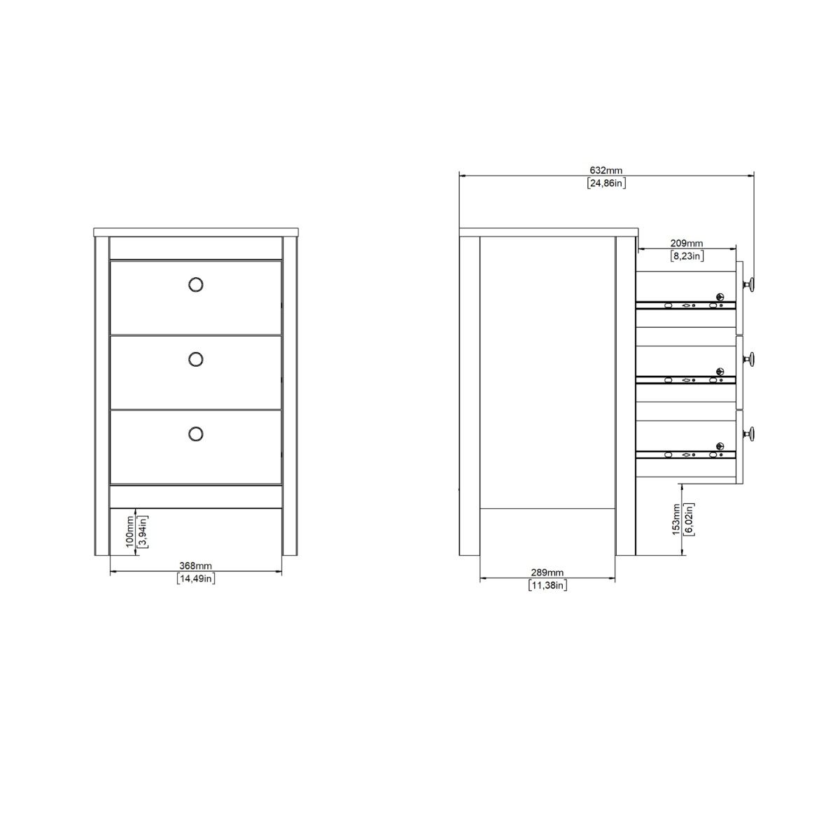 Wooden Bedside Cabinet With 3 Drawers - Madrid