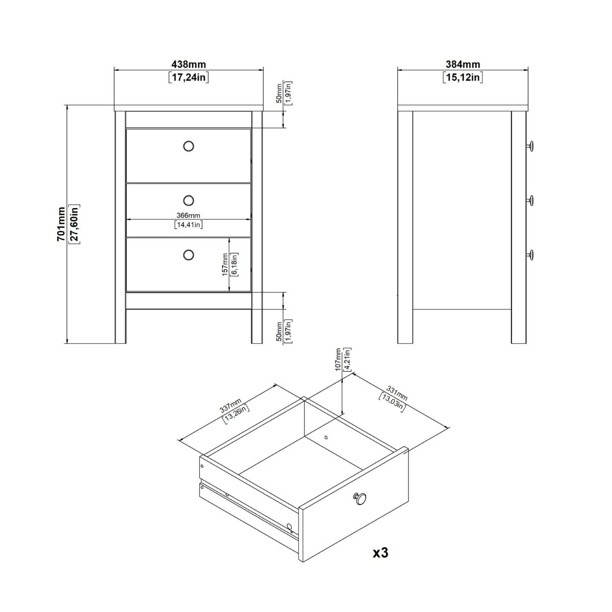 Wooden Bedside Cabinet With 3 Drawers - Madrid