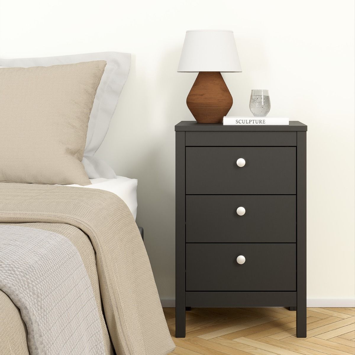 Wooden Bedside Cabinet With 3 Drawers - Madrid