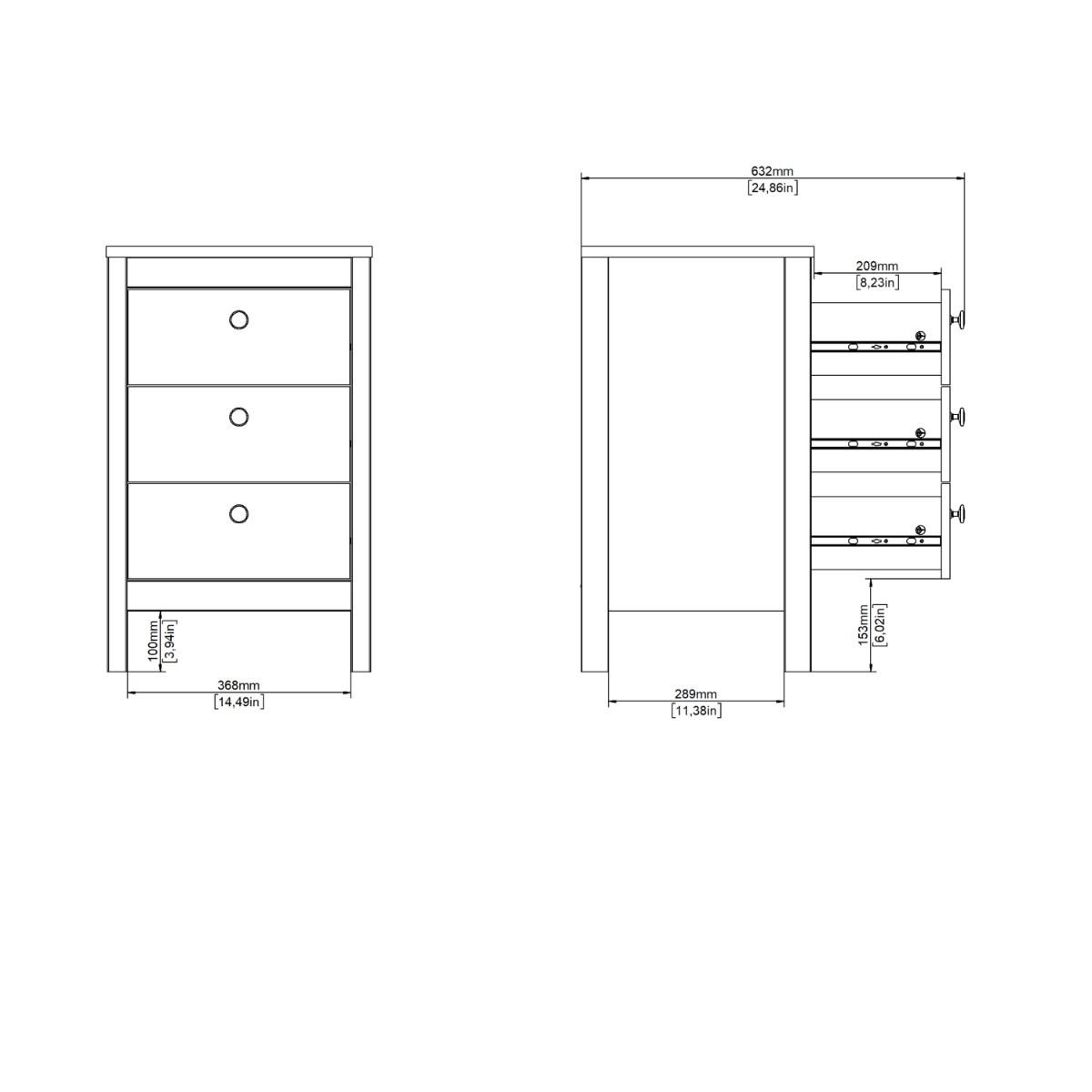 Wooden Bedside Cabinet With 3 Drawers - Madrid