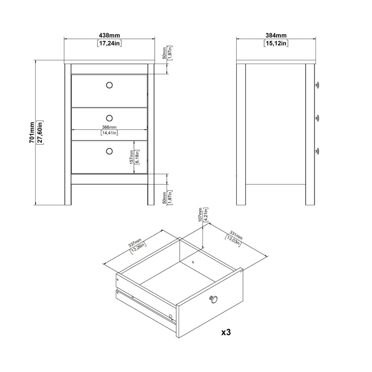 Wooden Bedside Cabinet With 3 Drawers - Madrid