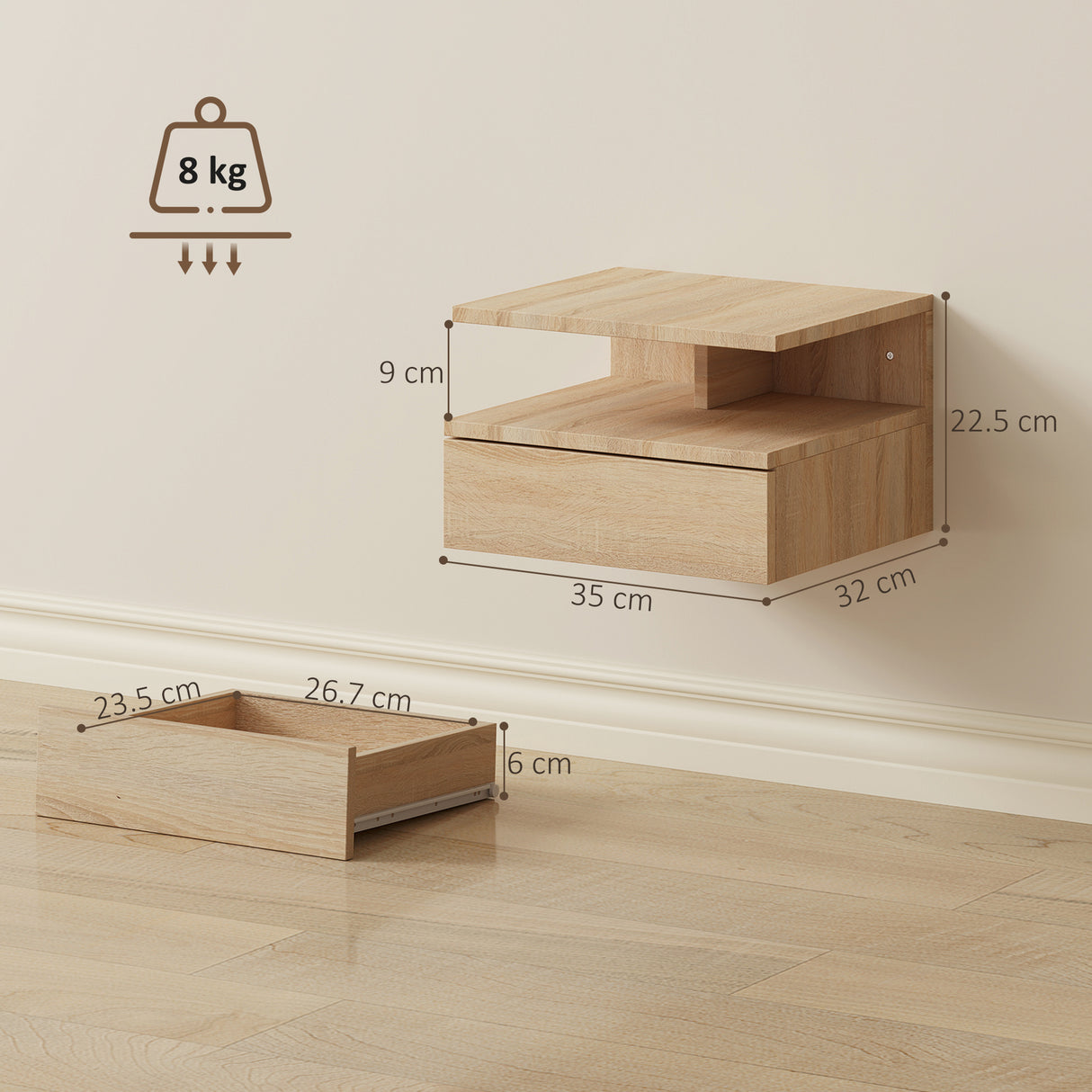Wooden Bedside Cabinet 35cm Wide Wall Hung With 1 Drawer - Velmora