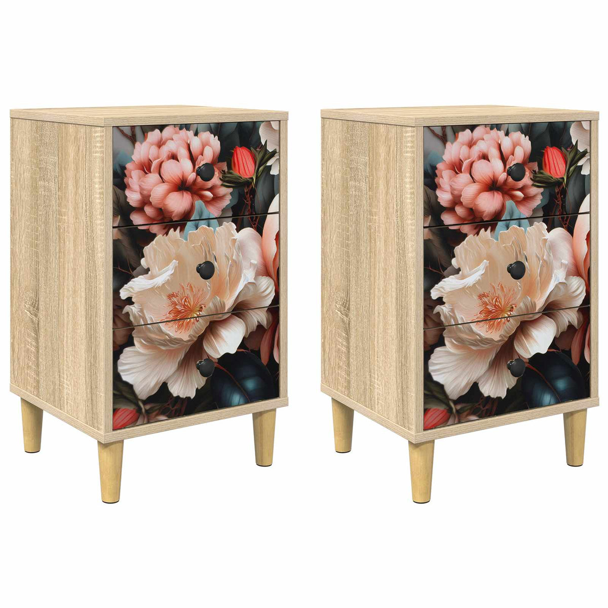 Wooden Bedside Cabinet 36cm Wide With 3 Drawers in Set Of 2 - Borne