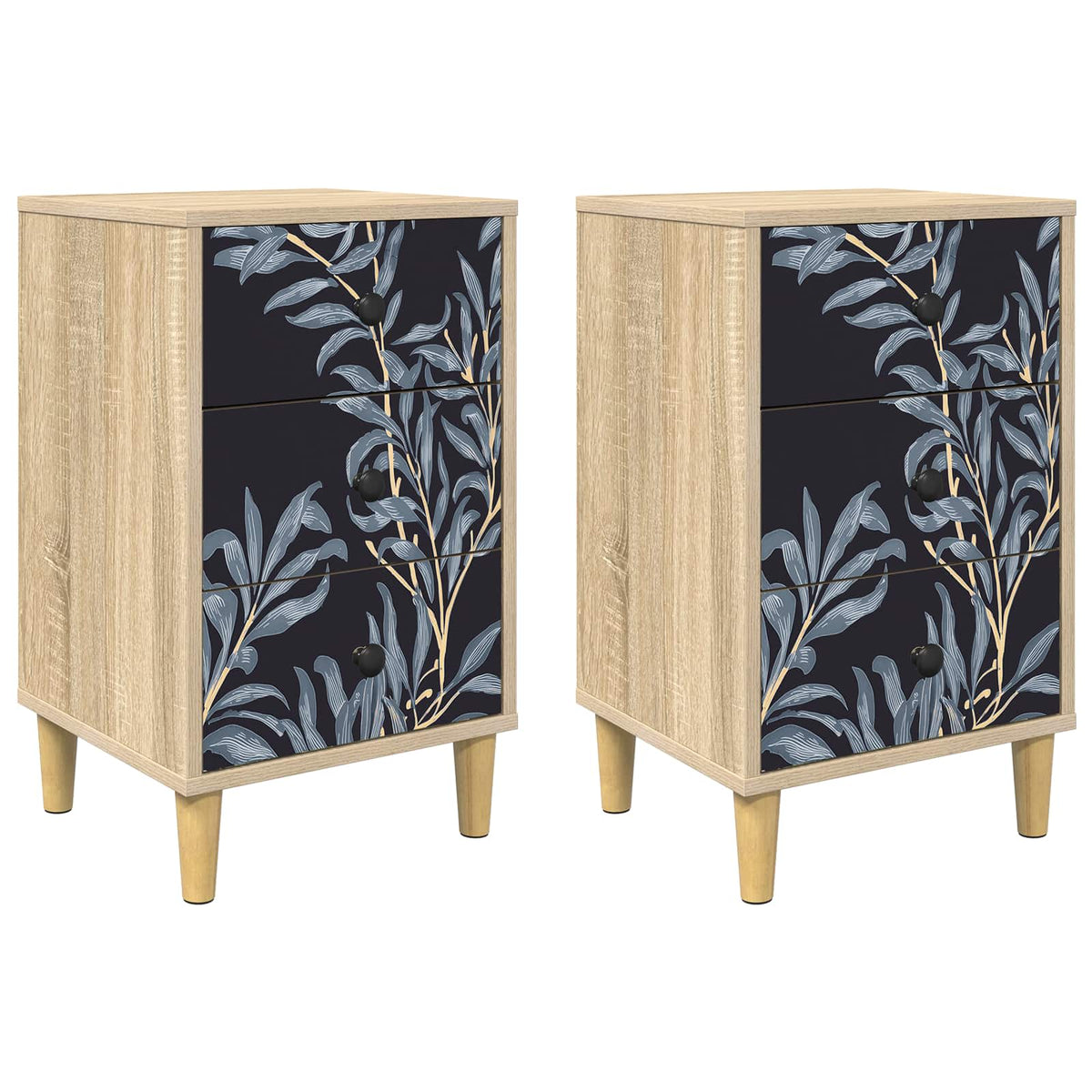 Wooden Bedside Cabinet 36cm Wide With 3 Drawers in Set Of 2 - Dokkum