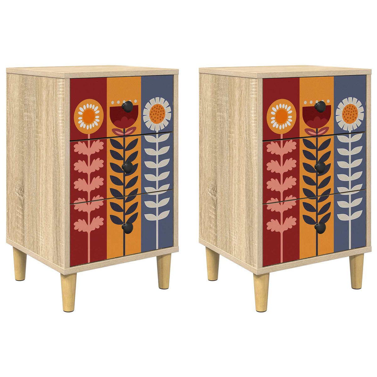 Wooden Bedside Cabinet 36cm Wide With 3 Drawers in Set Of 2 - Essen
