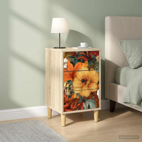 Wooden Bedside Cabinet 36cm Wide With 3 Drawers in Set Of 2 - Gennep