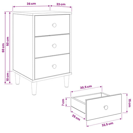 Wooden Bedside Cabinet 36cm Wide With 3 Drawers in Set Of 2 - Gennep