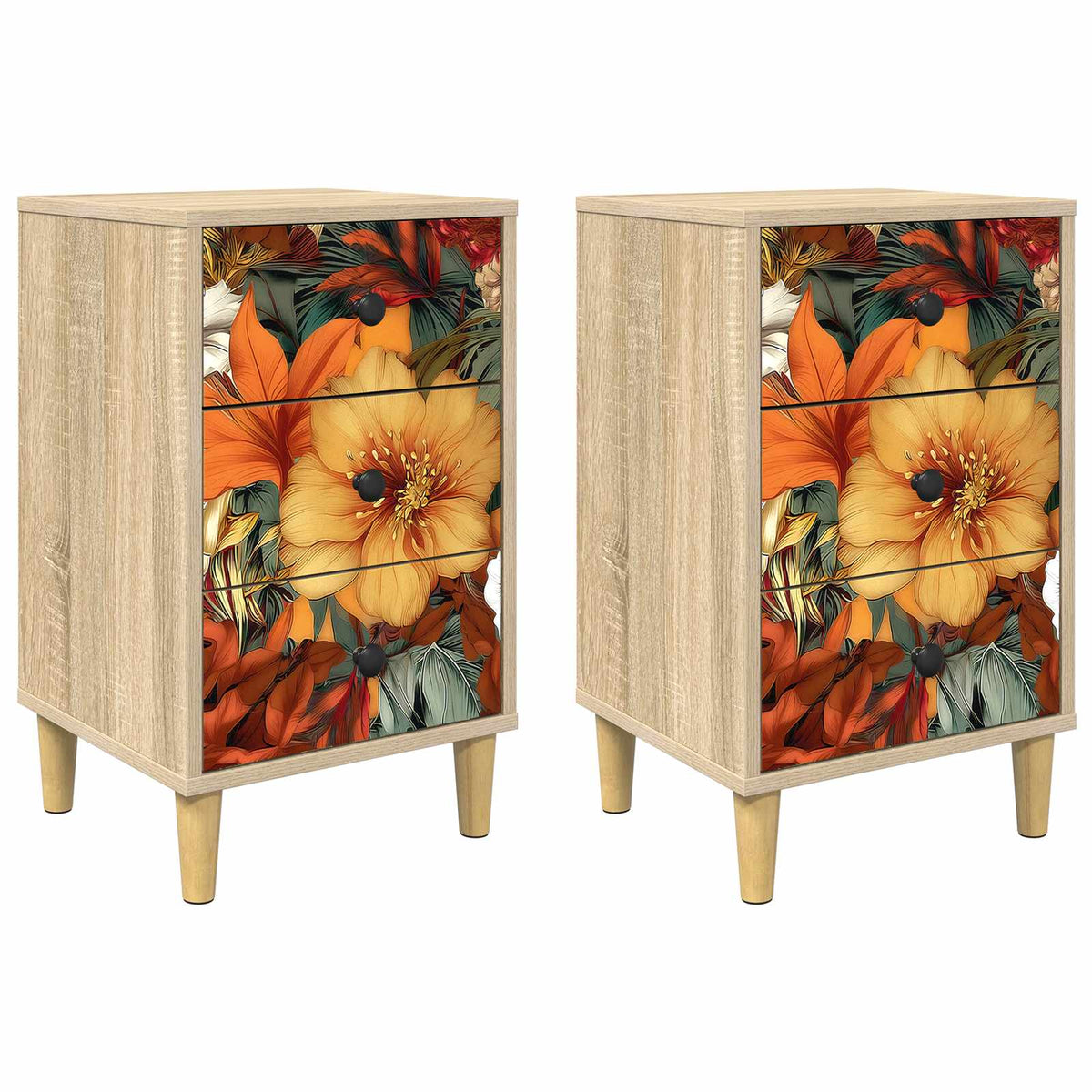 Wooden Bedside Cabinet 36cm Wide With 3 Drawers in Set Of 2 - Gennep
