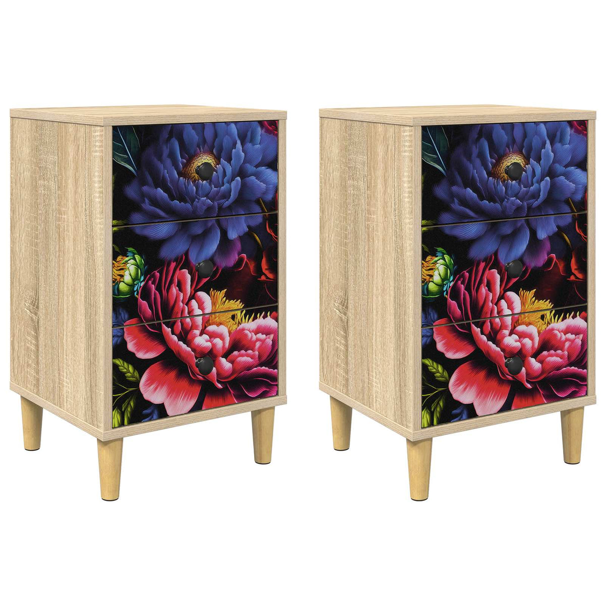 Wooden Bedside Cabinet 36cm Wide With 3 Drawers in Set Of 2 - Kiel