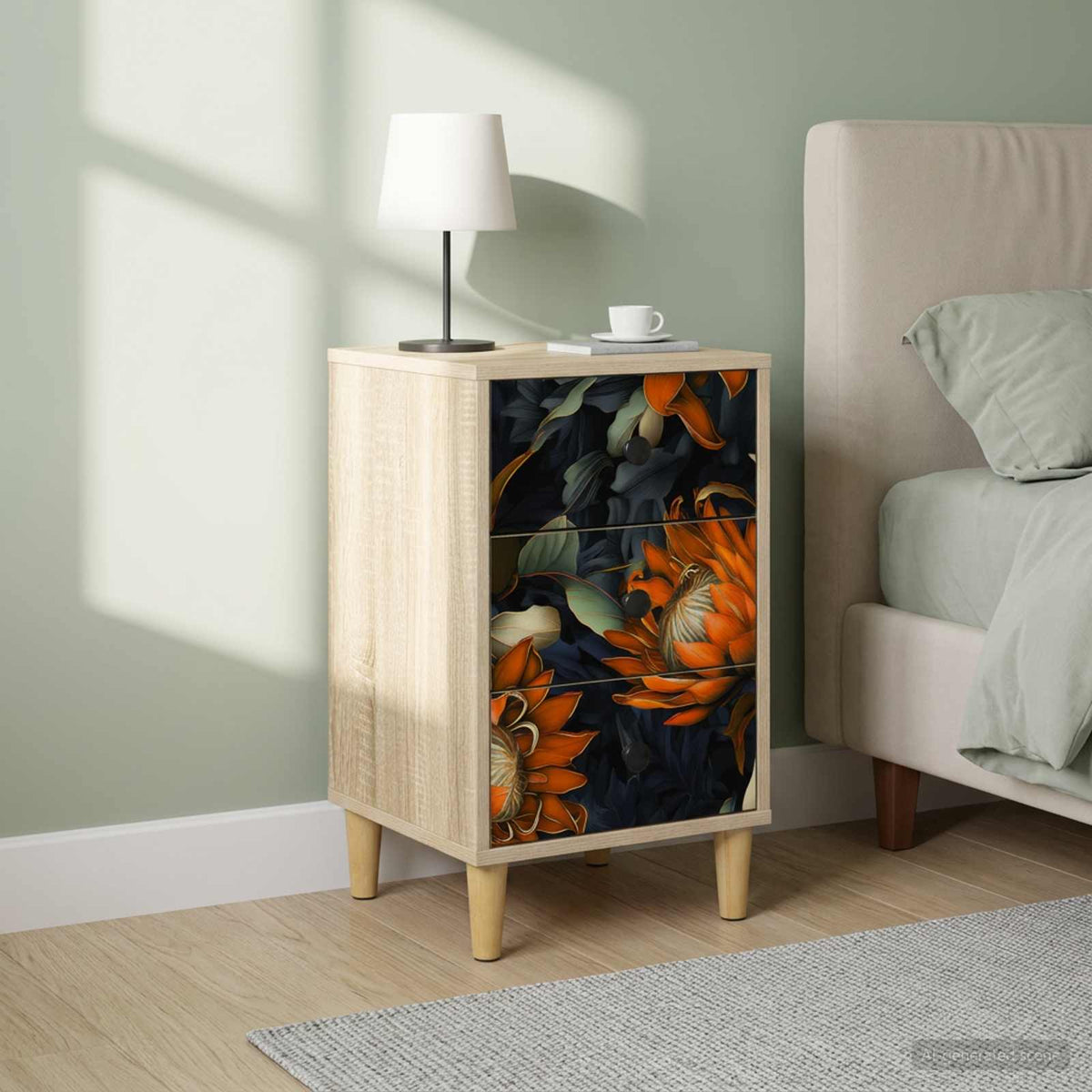Wooden Bedside Cabinet 36cm Wide With 3 Drawers in Set Of 2 - Lochem