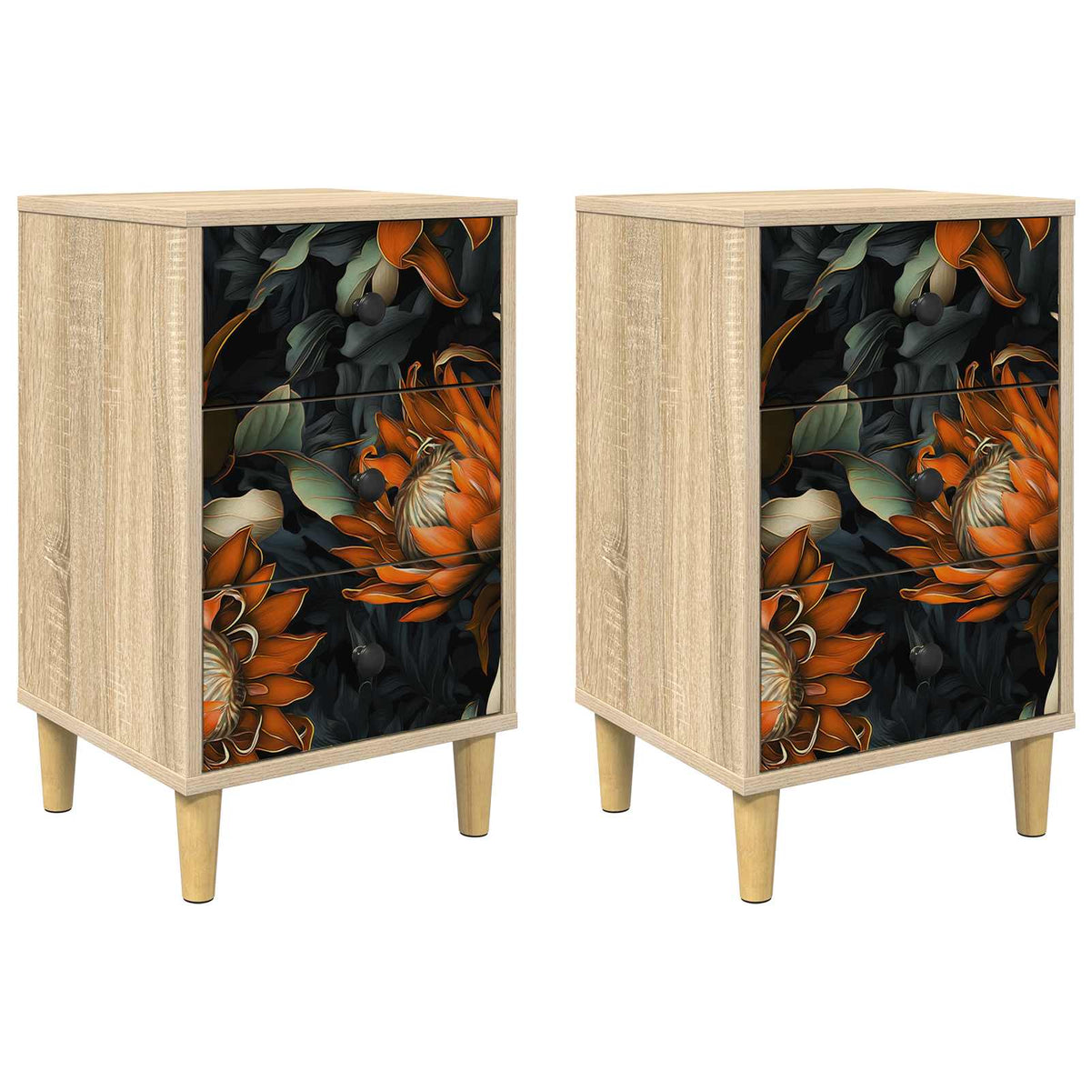 Wooden Bedside Cabinet 36cm Wide With 3 Drawers in Set Of 2 - Lochem