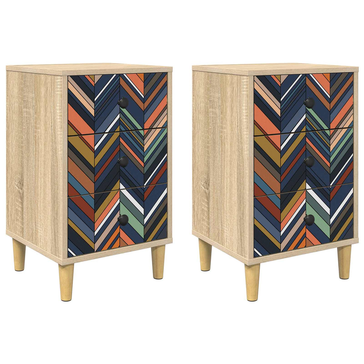 Wooden Bedside Cabinet 36cm Wide With 3 Drawers in Set Of 2 - Ommen