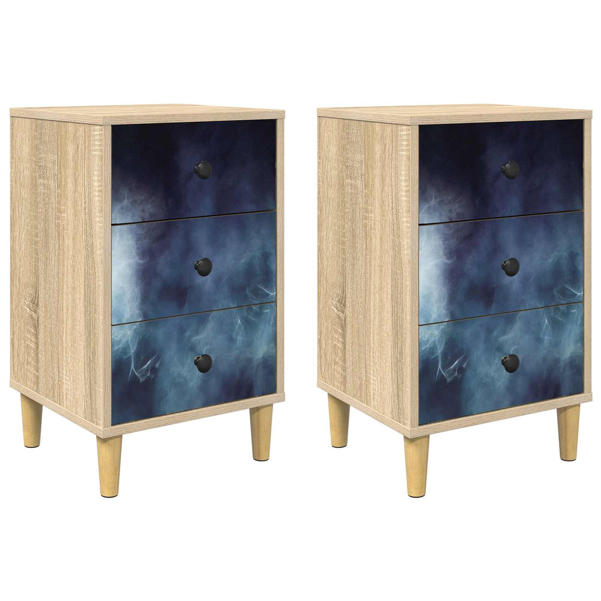 Wooden Bedside Cabinet 36cm Wide With 3 Drawers in Set Of 2 - Raalte
