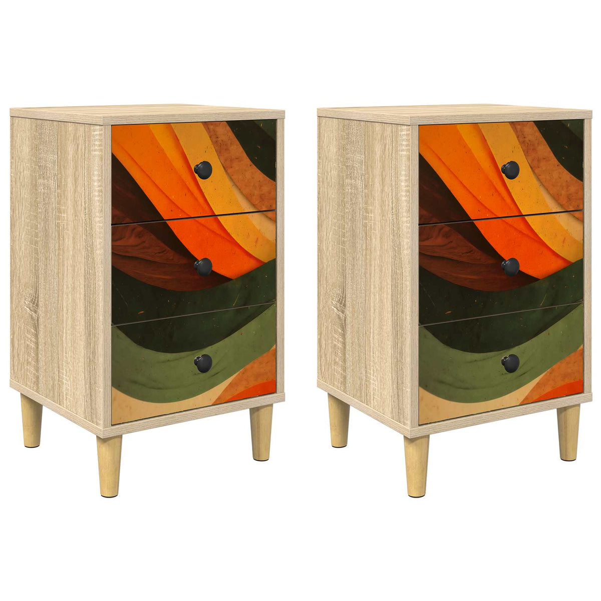 Wooden Bedside Cabinet 36cm Wide With 3 Drawers in Set Of 2 - Zaandam