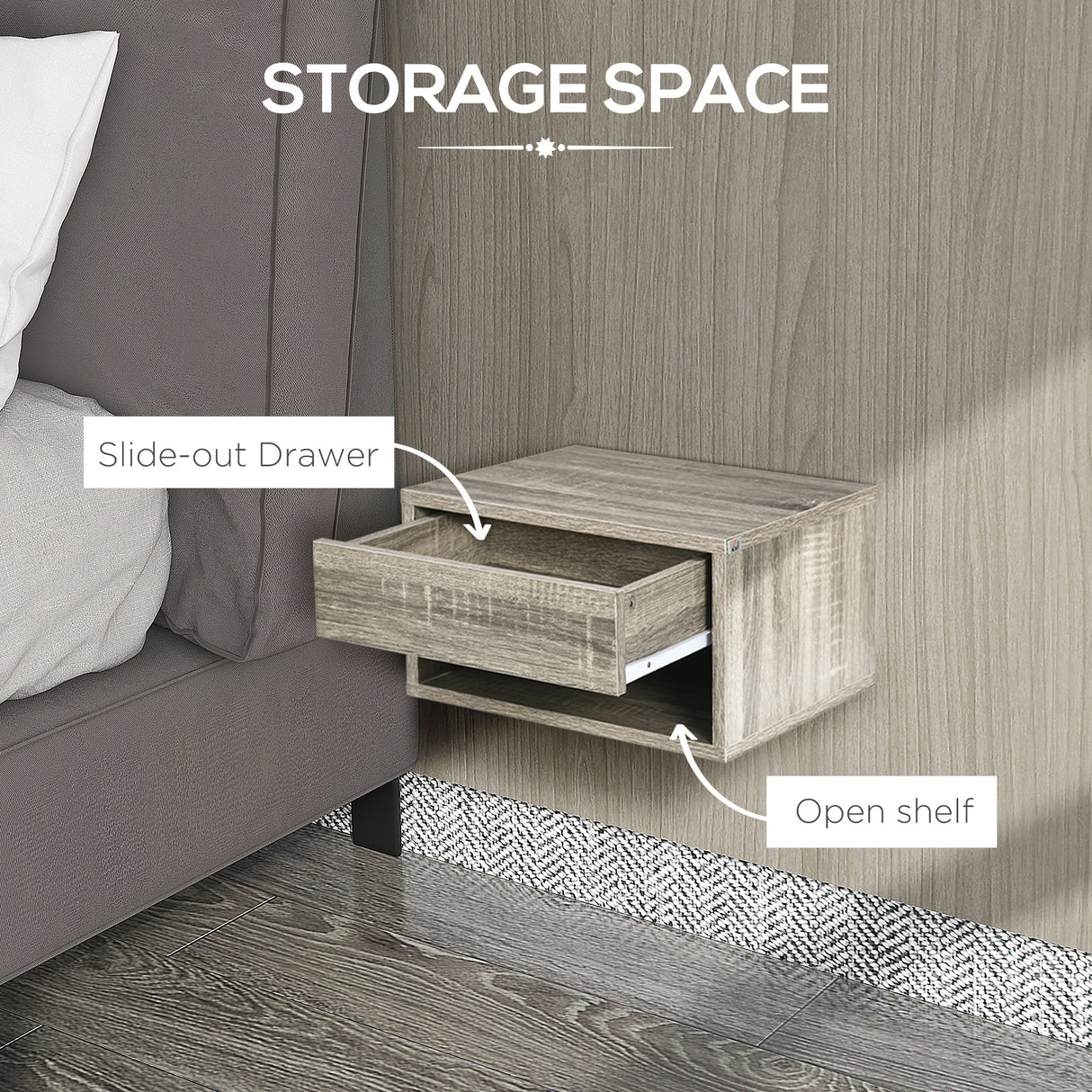 Wooden Bedside Cabinet 37cm Wide Wall Hung With 1 Drawer in Set Of 2 - Velmora