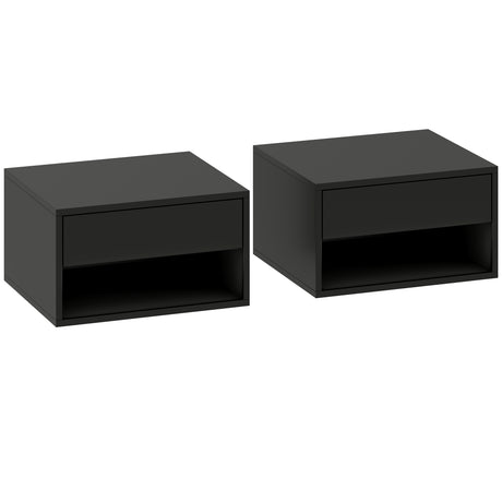 Wooden Bedside Cabinet 37cm Wide Wall Hung With 1 Drawer in Set Of 2 - Velmora