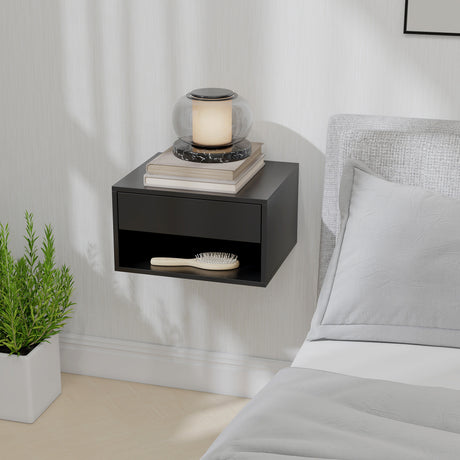 Wooden Bedside Cabinet 37cm Wide Wall Hung With 1 Drawer in Set Of 2 - Velmora