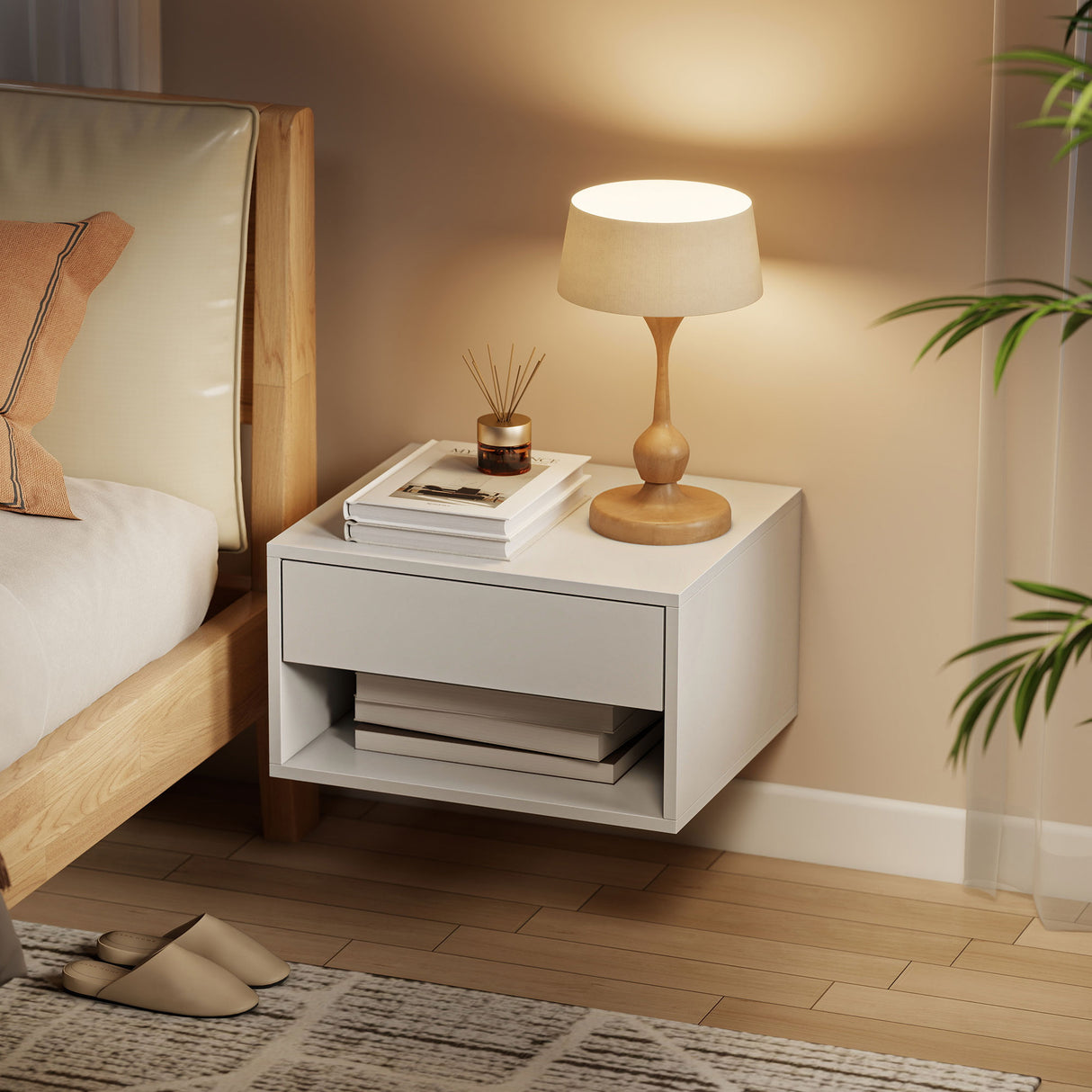 Wooden Bedside Cabinet 37cm Wide Wall Hung With 1 Drawer in Set Of 2 - Velmora