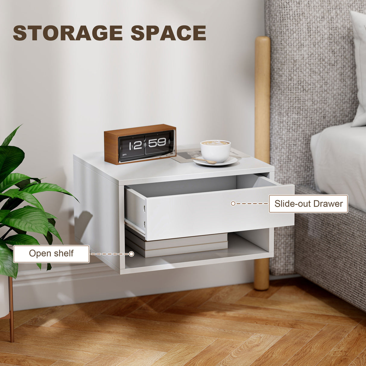 Wooden Bedside Cabinet 37cm Wide Wall Hung With 1 Drawer in Set Of 2 - Velmora