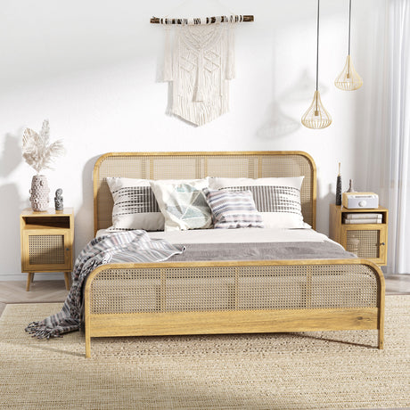Wooden Bedside Cabinet 39cm Wide With 1 Rattan Door in Set Of 2 - Velmora